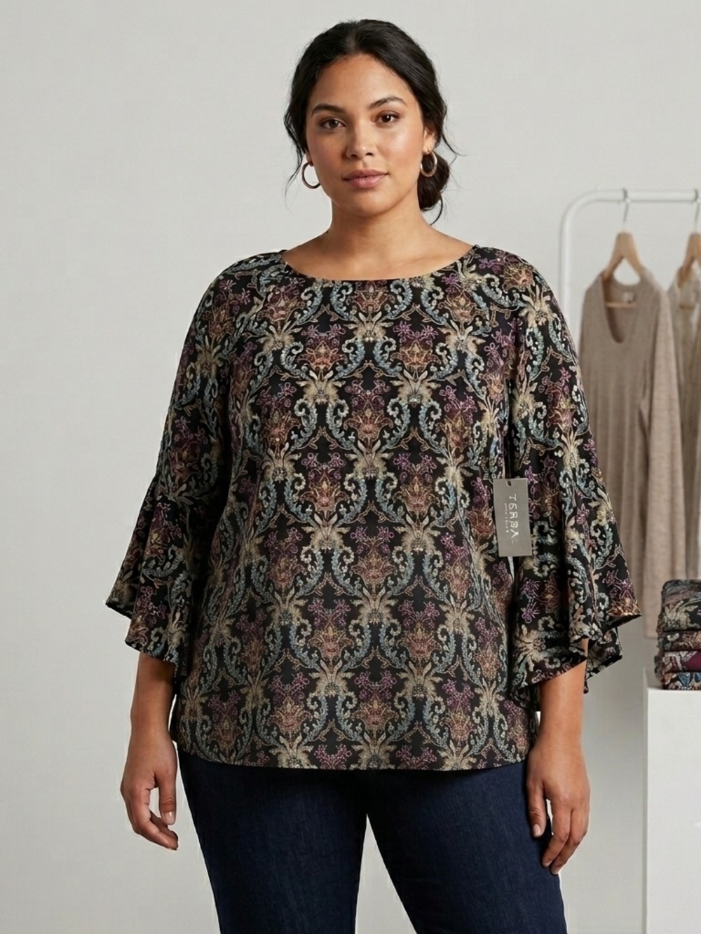 New York & Company Black Multi Floral-Damask Bell-Sleeve Tunic Size L WS 218